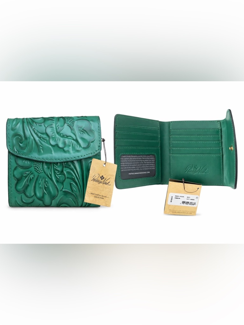 Patricia Nash Emerald Green Tooled Leather Trifold Wallet